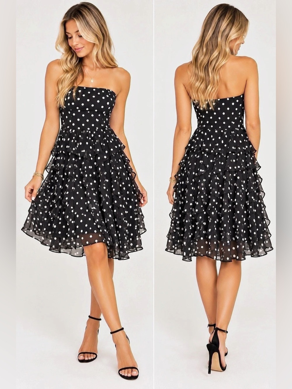 White House Black Market Polka Dot Strapless Mini Dress with ruffles sz 4